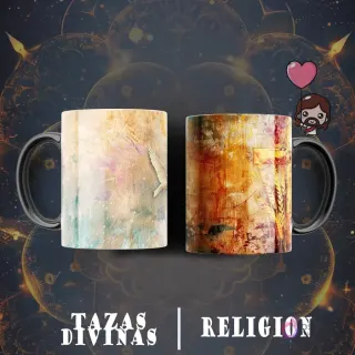 Taza sublimada con diseño abstracto y texturizado en tonos tierra, marrones y rojizos, con silueta sutil de paloma y cruz.