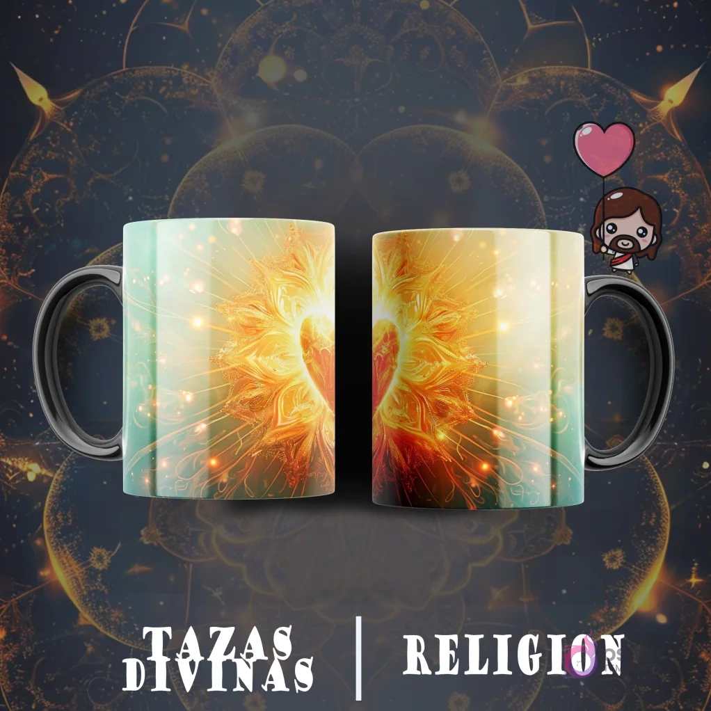 Taza sublimada con diseño de corazón llameante y radiante, rodeado de un aura brillante en tonos amarillos y anaranjados.