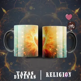 Taza sublimada con diseño de corazón llameante y radiante, rodeado de un aura brillante en tonos amarillos y anaranjados.