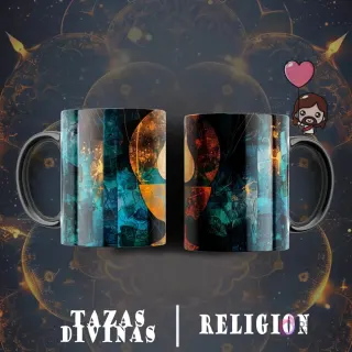 Taza sublimada con diseño abstracto geométrico en tonos aguamarina, naranja y azul, con formas circulares y texturas modernas.