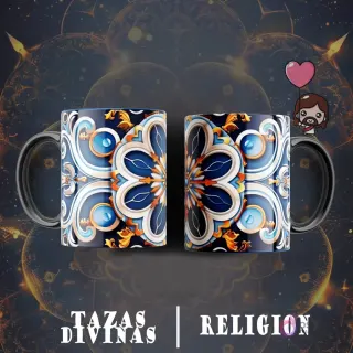 Taza sublimada con diseño de mandala ornamentado en tonos azules, naranjas y dorados, con detalles florales y simétricos.