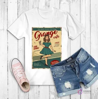 Polera blanca con diseño de cartel vintage 'Grange Cafe' con una mujer bailando y detalles retro
