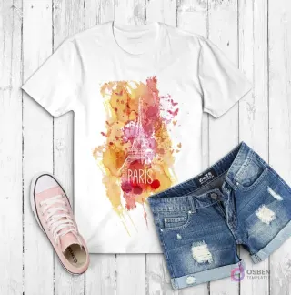 Polera blanca con la Torre Eiffel de París superpuesta sobre un fondo de manchas de acuarela en tonos anaranjados y rosados