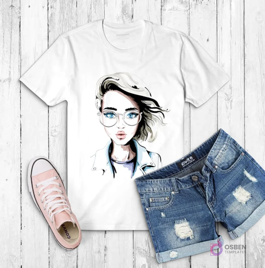 Polera blanca con ilustración de una mujer rubia con gafas redondas de montura fina y cabello volando por el viento