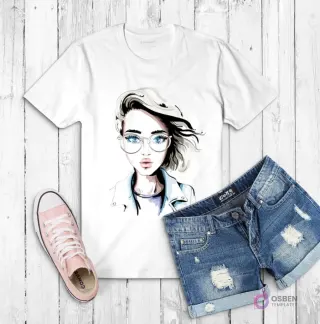 Polera blanca con ilustración de una mujer rubia con gafas redondas de montura fina y cabello volando por el viento