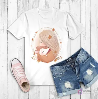 Polera blanca con ilustración de una niña de cabello largo abrazando un ciervo bebé, enmarcada por hojas de otoño