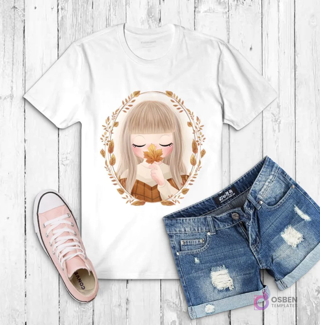 Polera blanca con ilustración de una niña con flequillo sosteniendo una hoja de otoño, enmarcada por una corona de hojas
