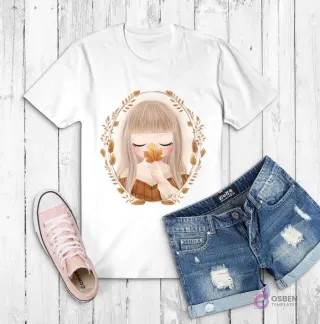 Polera blanca con ilustración de una niña con flequillo sosteniendo una hoja de otoño, enmarcada por una corona de hojas