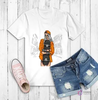 Polera blanca con ilustración de una chica skater rubia con gorra naranja, gafas de sol y skate en un fondo urbano