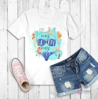 Polera blanca con la frase 'MY BODY MY RULES' rodeada de ilustraciones de mujeres de diversas tallas y tonos de piel en traje de baño