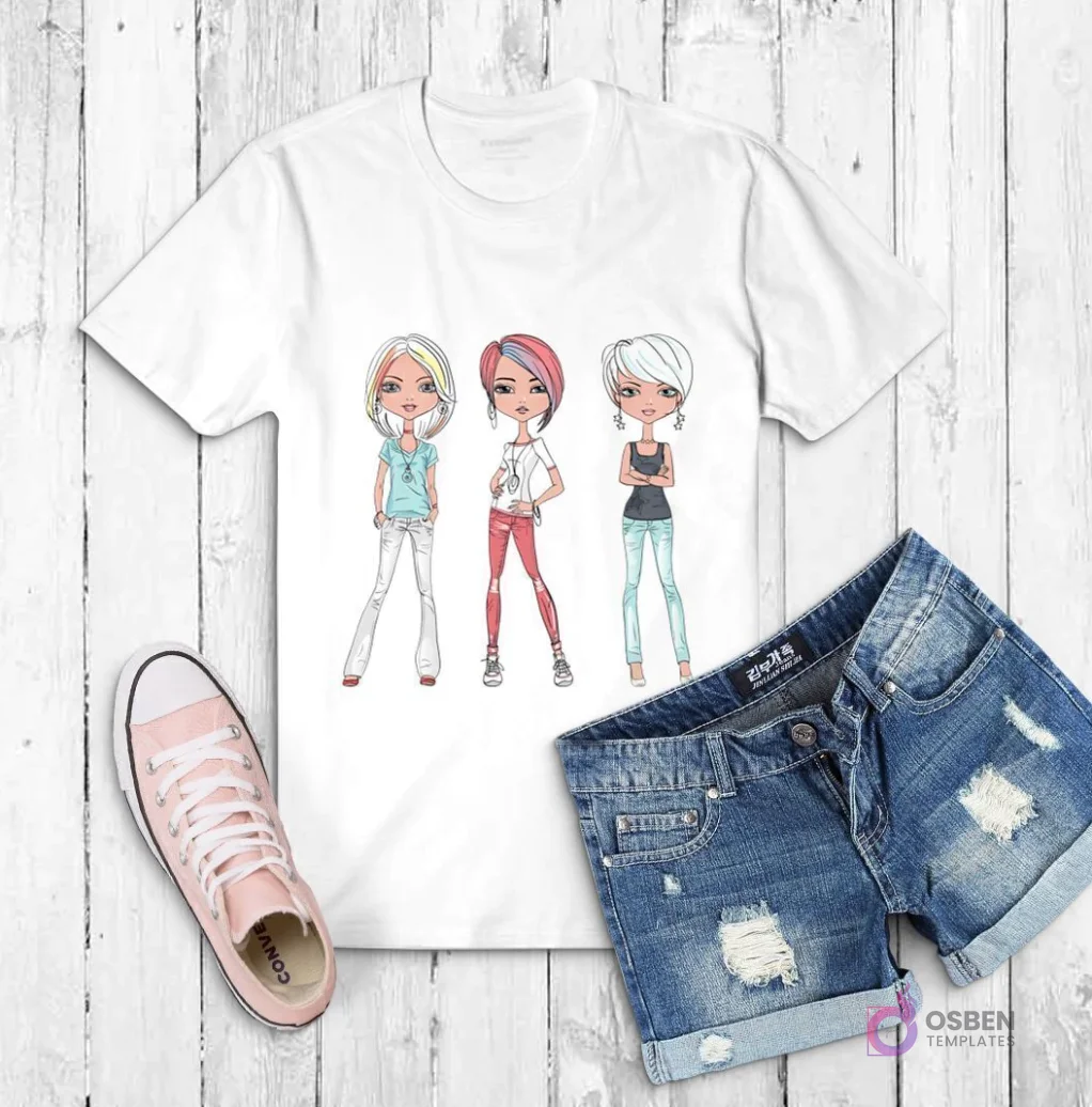 Polera blanca con ilustración de tres chicas caricaturescas de pie, cada una con diferente peinado y ropa casual