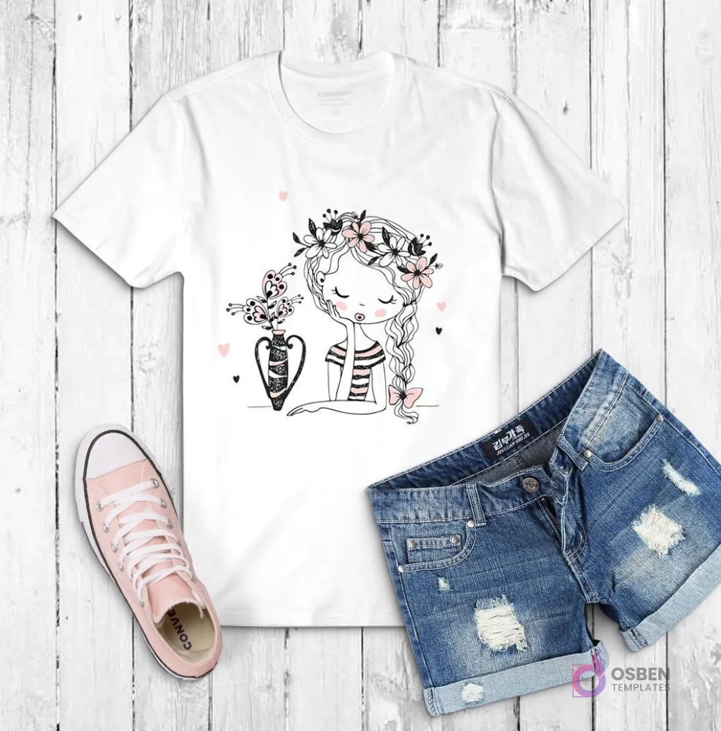 Polera blanca con ilustración de una niña de trenzas con flores en el cabello, sentada junto a un jarrón con mariposas