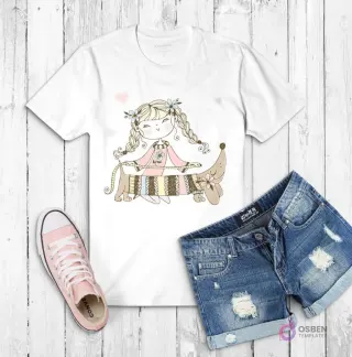 Polera blanca con ilustración de una niña con coletas y un perro salchicha largo y peludo con un lazo