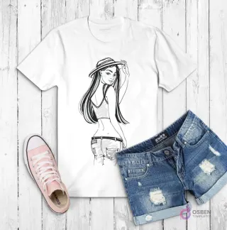 Polera blanca con dibujo de una mujer estilizada con sombrero, mirando por encima del hombro, en blanco y negro