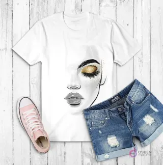 Polera blanca con ilustración abstracta de la mitad del rostro de una mujer con labios grises y un llamativo maquillaje de ojos dorado con purpurina