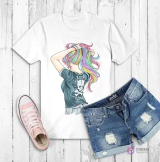 Polera blanca con ilustración de una mujer de espaldas con cabello multicolor y una polera que dice 'Rock & Soul' con una calavera