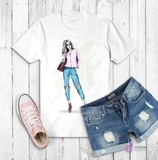 Polera blanca con ilustración de una mujer rubia con gafas de sol, camisa rosa, jeans rotos y tacones, estilo fashion