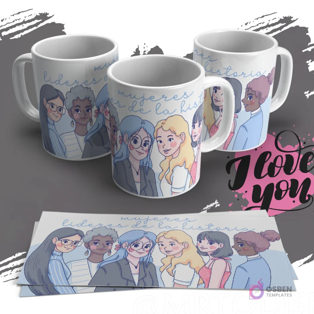 Mug con diseño de mujeres diversas y la frase 'Mujeres Líderes de la Historia' ideal para sublimación del Día de la Mujer