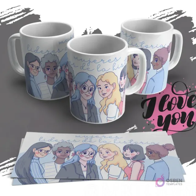 Mug con diseño de mujeres diversas y la frase 'Mujeres Líderes de la Historia' ideal para sublimación del Día de la Mujer