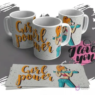 Taza con ilustración de mujer atlética y la frase 'Girl Power' en diseño grunge, perfecta para sublimar