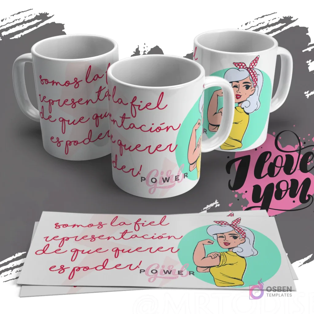 Mug con ilustración estilo Rosie the Riveter y la frase 'Querer es poder' para sublimación del Día de la Mujer