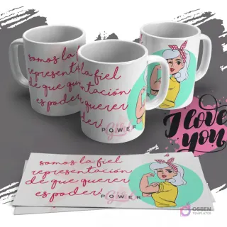 Mug con ilustración estilo Rosie the Riveter y la frase 'Querer es poder' para sublimación del Día de la Mujer