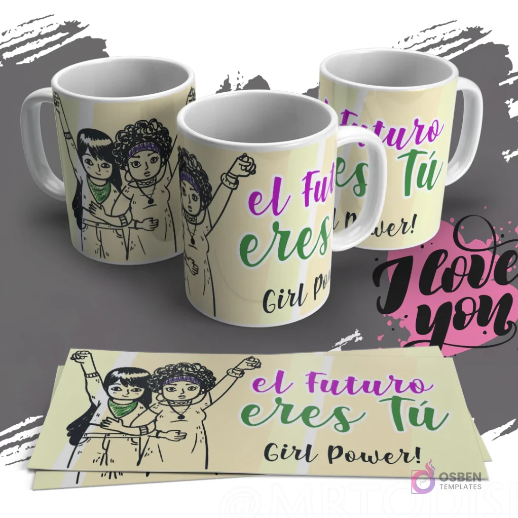 Taza con diseño de dos mujeres con puños en alto y la frase 'El Futuro eres Tú Girl Power' en colores vibrantes