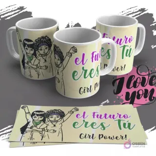 Taza con diseño de dos mujeres con puños en alto y la frase 'El Futuro eres Tú Girl Power' en colores vibrantes