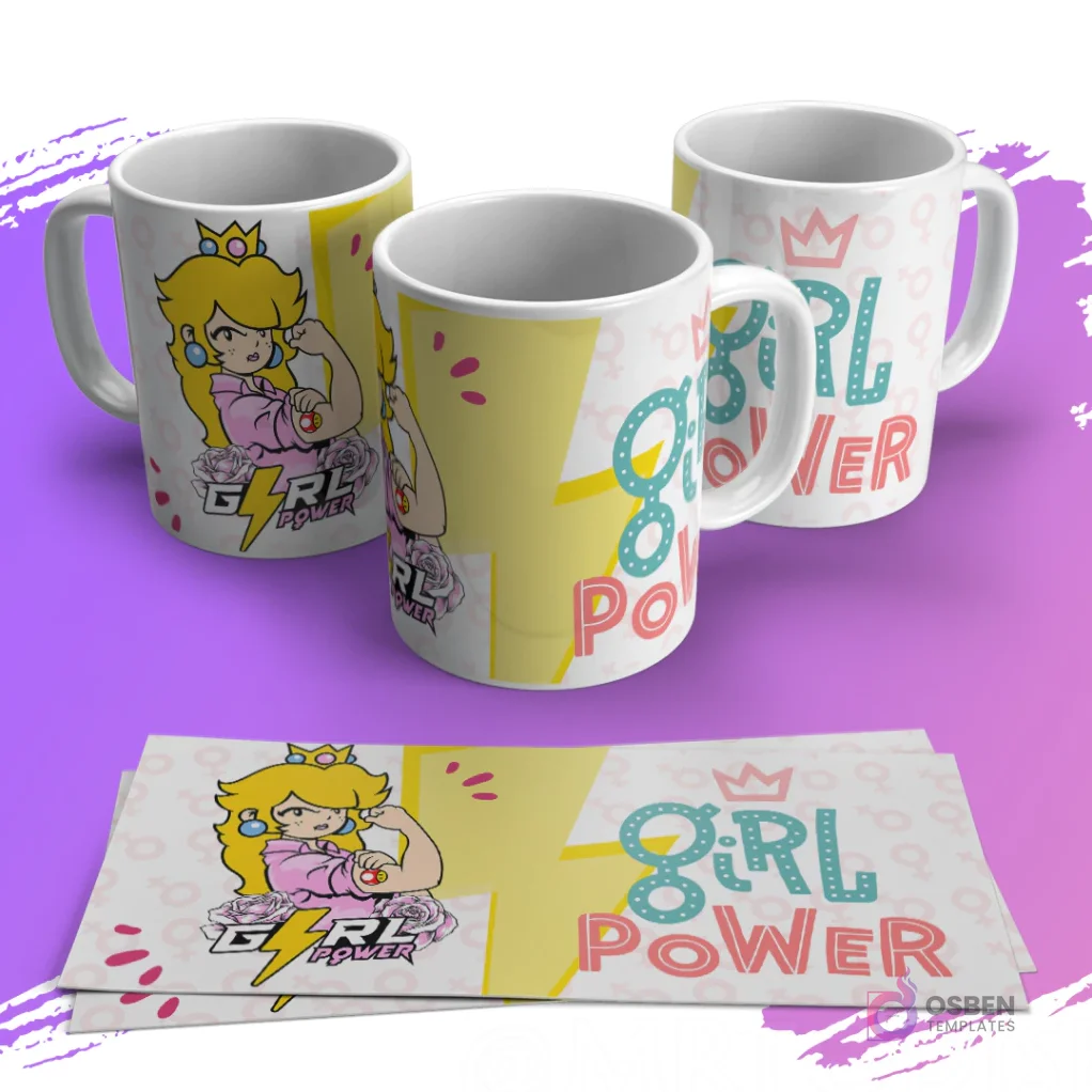 Tres tazas blancas sublimadas con diseño de la Princesa Peach estilo caricatura y texto 'Girl Power', junto a dos plantillas planas del mismo diseño