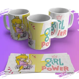 Tres tazas blancas sublimadas con diseño de la Princesa Peach estilo caricatura y texto 'Girl Power', junto a dos plantillas planas del mismo diseño
