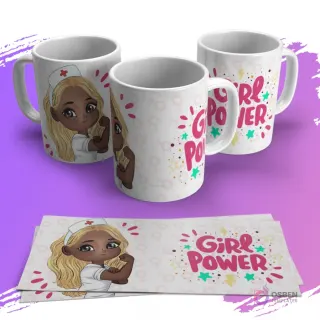 Tres tazas blancas sublimadas con diseño de una niña estilo chibi enfermera de piel morena y cabello rubio, con texto 'Girl Power', junto a dos plantillas planas