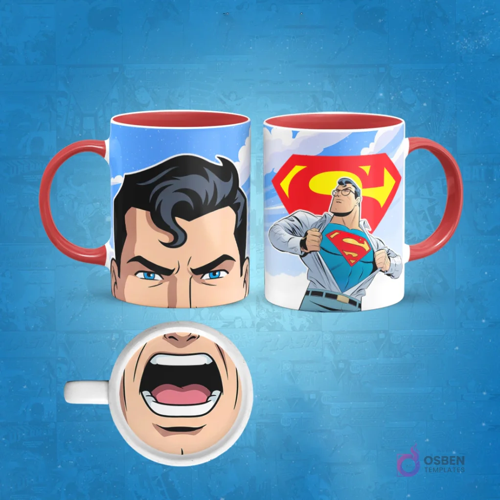 Taza de sublimación con diseño animado de Clark Kent abriendo su camisa para revelar el traje de Superman y un primer plano de su rostro. En la base de la taza, una boca abierta. El asa de la taza es roja.