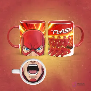 Taza de sublimación con diseño de Flash corriendo a supervelocidad con efecto de movimiento y un primer plano de su máscara roja. En la base de la taza, una boca abierta. El asa de la taza es roja.
