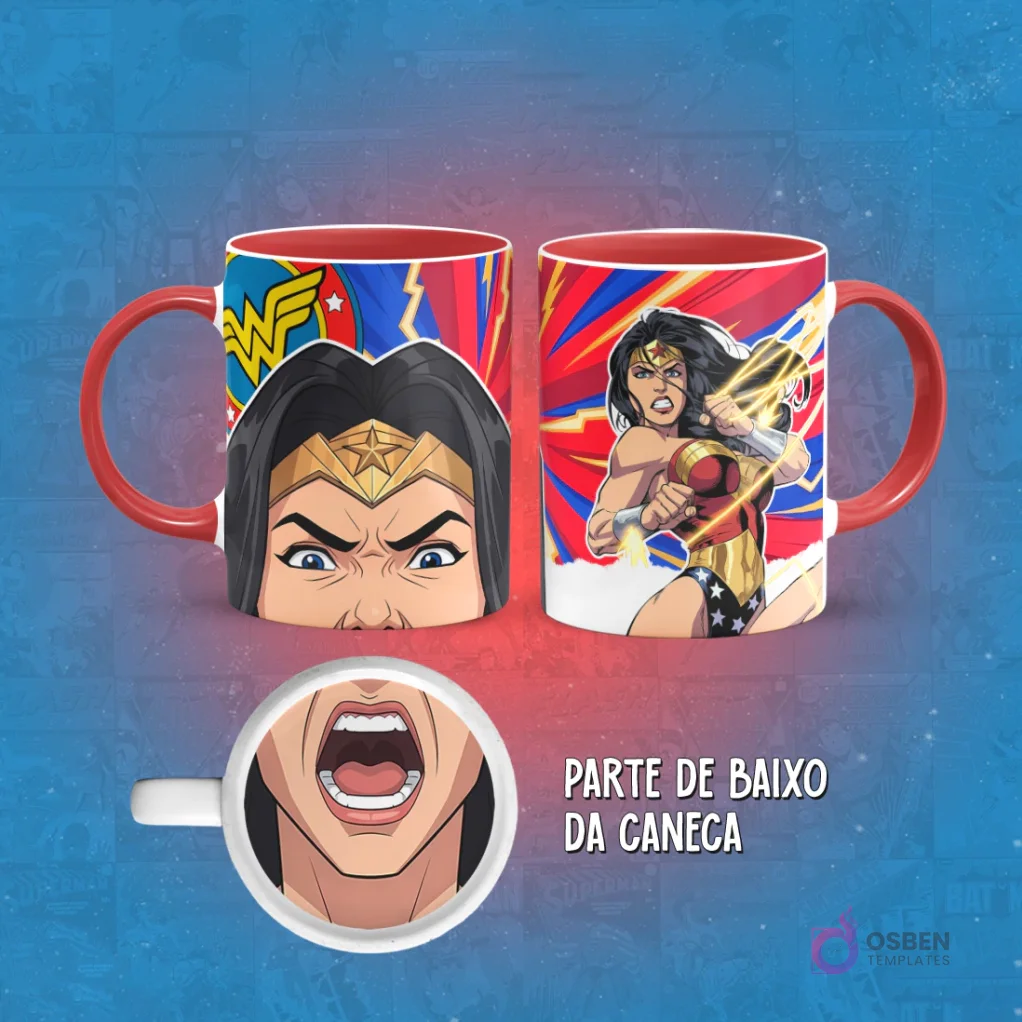 Taza de sublimación con diseño de Mujer Maravilla en pose de combate con espada y un primer plano de su rostro concentrado. En la base de la taza, una boca abierta. El asa de la taza es roja.