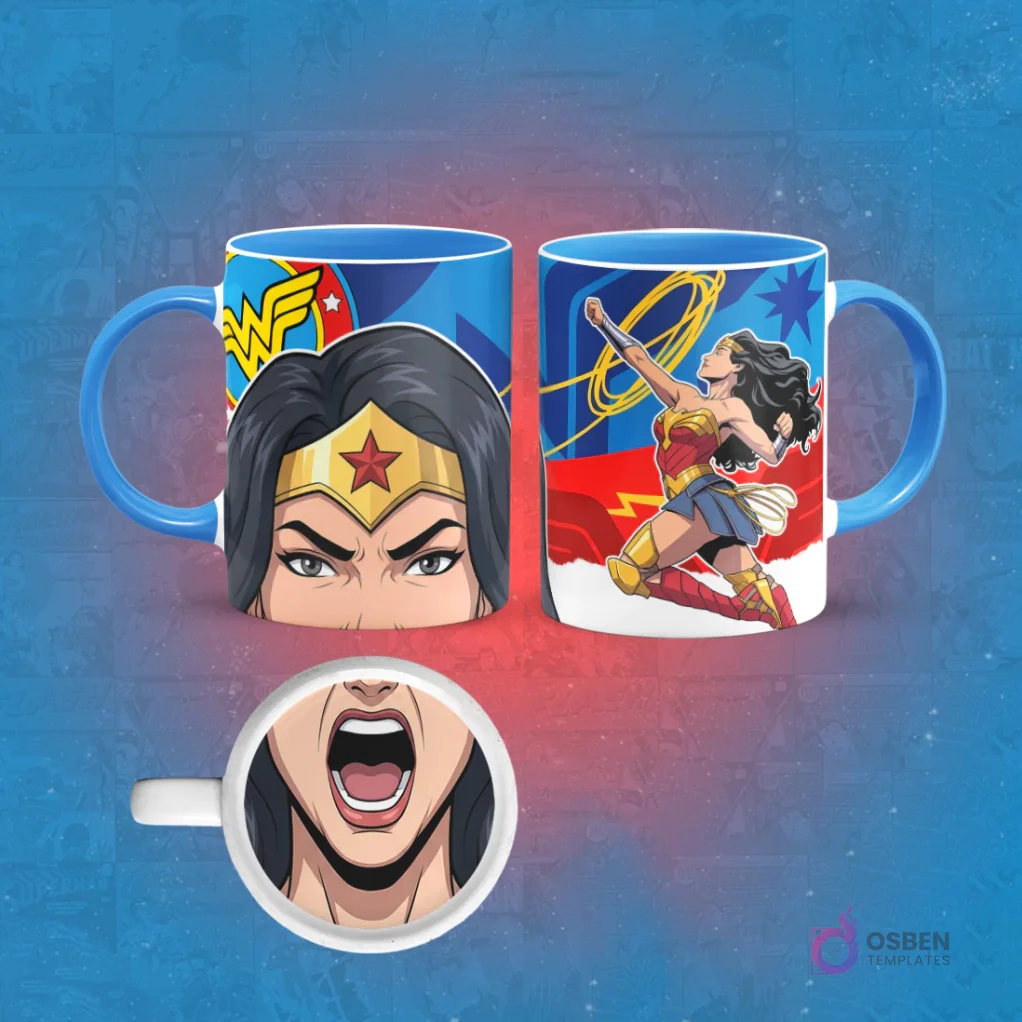 Taza de sublimación con diseño de Mujer Maravilla saltando con su lazo de la verdad y un primer plano de su rostro determinado. En la base de la taza, una boca abierta. El asa de la taza es azul.