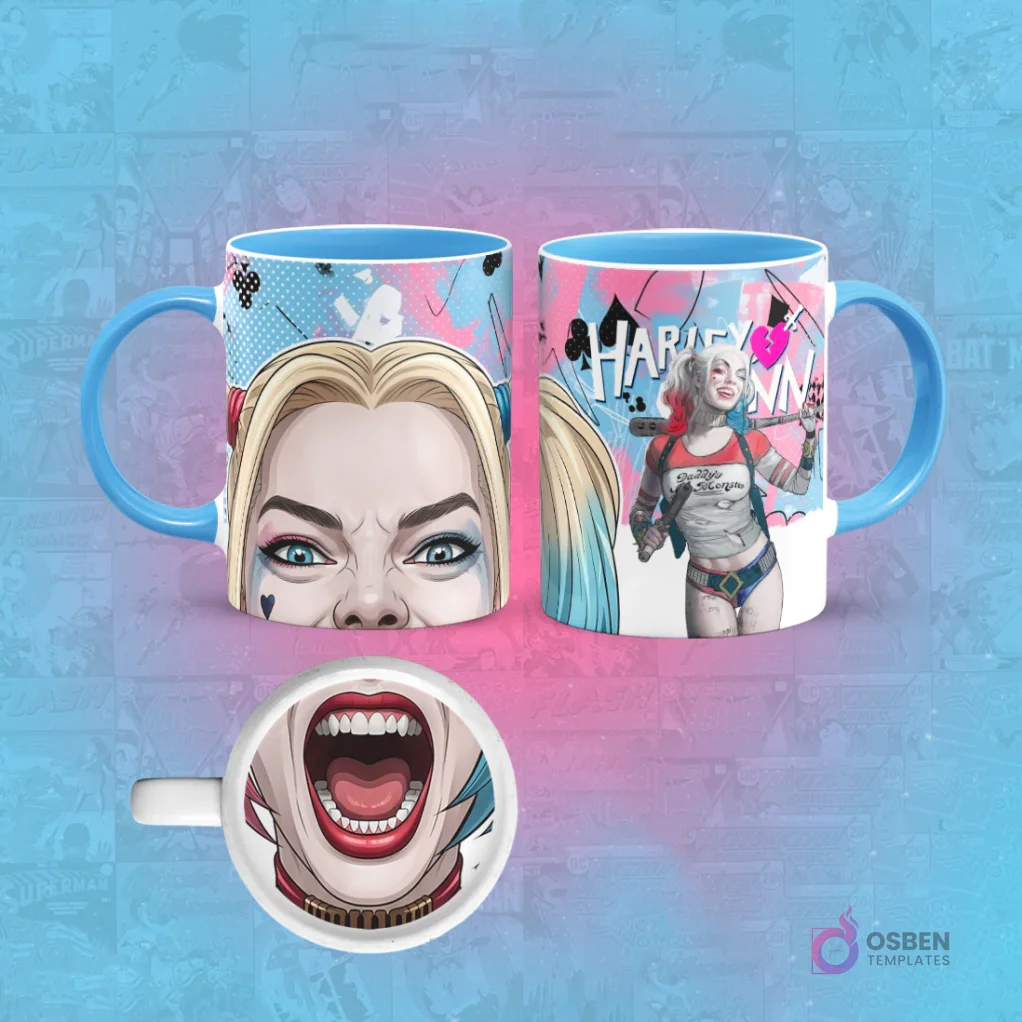 Taza de sublimación con diseño de Harley Quinn (estilo Margot Robbie), mostrando su rostro y el personaje completo con un bate. En la base de la taza, una boca abierta. El asa de la taza es azul claro.