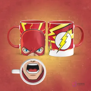 Taza de sublimación con diseño del logo de Flash y un primer plano de su máscara con ojos azules. En la base de la taza, una boca abierta. El asa de la taza es roja.