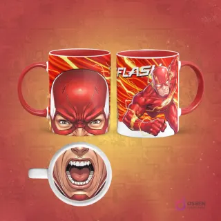 Taza de sublimación con diseño de Flash corriendo hacia adelante y un primer plano de su máscara detallada. En la base de la taza, una boca abierta. El asa de la taza es roja.