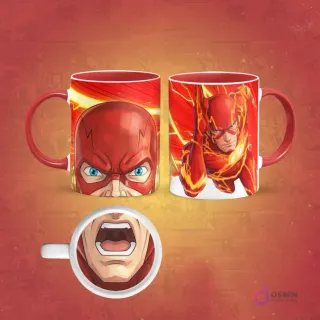Taza de sublimación con diseño de Flash corriendo y un primer plano de su máscara animada. En la base de la taza, una boca abierta. El asa de la taza es roja.