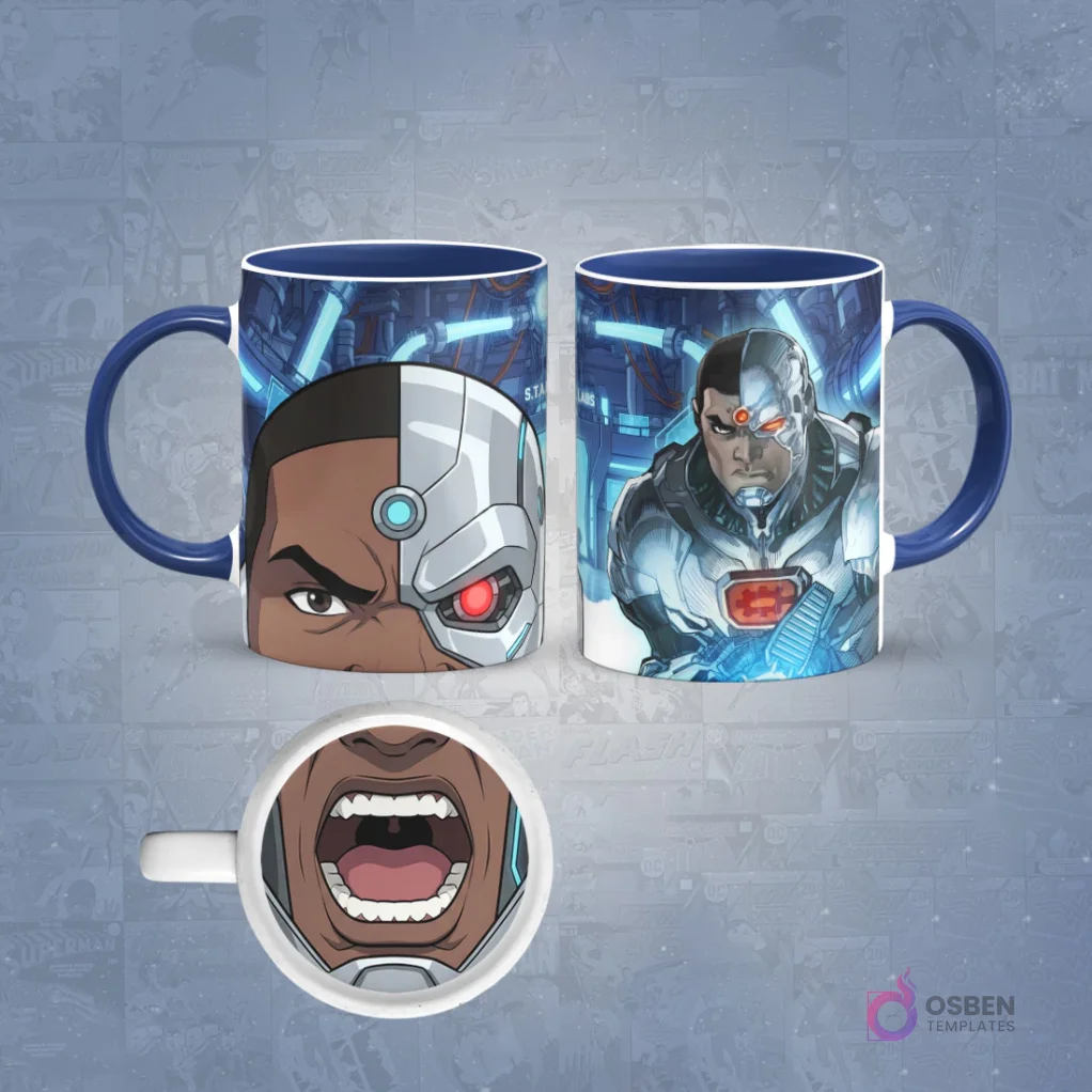 Taza de sublimación con diseño de Cyborg, mostrando un primer plano de su rostro cibernético y el personaje completo en un entorno tecnológico. En la base de la taza, una boca abierta. El asa de la taza es azul oscuro.