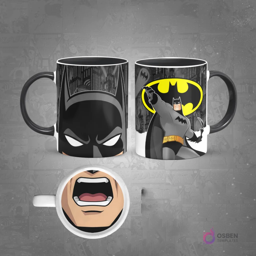 Taza de sublimación con diseño clásico de Batman, mostrando un primer plano de su máscara y el personaje completo con el símbolo del murciélago. En la base de la taza, una boca abierta. El asa de la taza es negra.