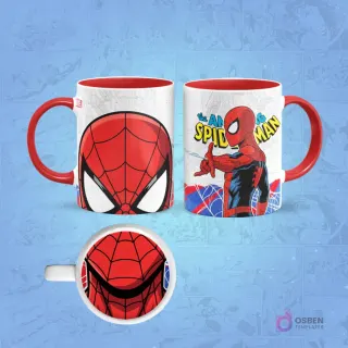 Taza de sublimación de Spider-Man clásico con borde rojo, diseño frontal de su rostro y posterior de cuerpo completo, con una boca cómica abierta en la base.