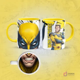 Taza de sublimación de Wolverine con borde amarillo, diseño frontal de su máscara y posterior de cuerpo completo con garras, con una boca furiosa en la base.