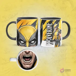 Taza de sublimación de Wolverine con borde negro, diseño frontal de su máscara amarilla y posterior de cuerpo completo, con una boca furiosa en la base.