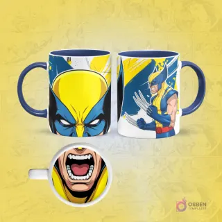 Taza de sublimación de Wolverine con borde azul, diseño frontal de su máscara amarilla y posterior con garras extendidas, con una boca abierta gritando en la base.