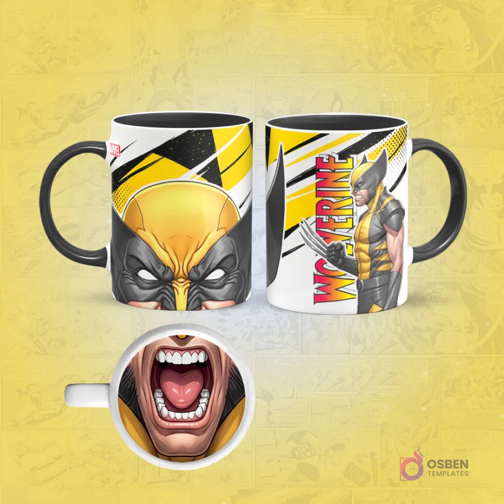 Taza de sublimación de Wolverine con borde negro, diseño frontal de su máscara amarilla y posterior en pose de ataque, con una boca abierta en la base.