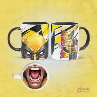 Taza de sublimación de Wolverine con borde negro, diseño frontal de su máscara amarilla y posterior en pose de ataque, con una boca abierta en la base.