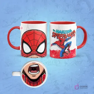 Taza de sublimación de Spider-Man clásico con borde rojo, diseño frontal de su máscara y posterior colgando de una telaraña, con una boca abierta asombrada en la base.