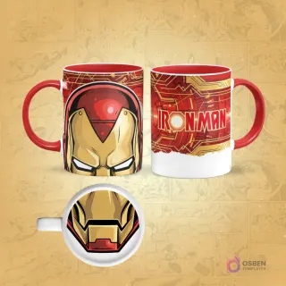 Taza de sublimación de Iron Man con borde rojo, diseño frontal de su casco realista y posterior con texturas de armadura, con un detalle de la boca de la armadura en la base.