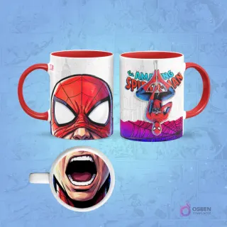Taza de sublimación de Spider-Man clásico con borde rojo, diseño frontal de su máscara y posterior colgando boca abajo, con una boca abierta asombrada en la base.